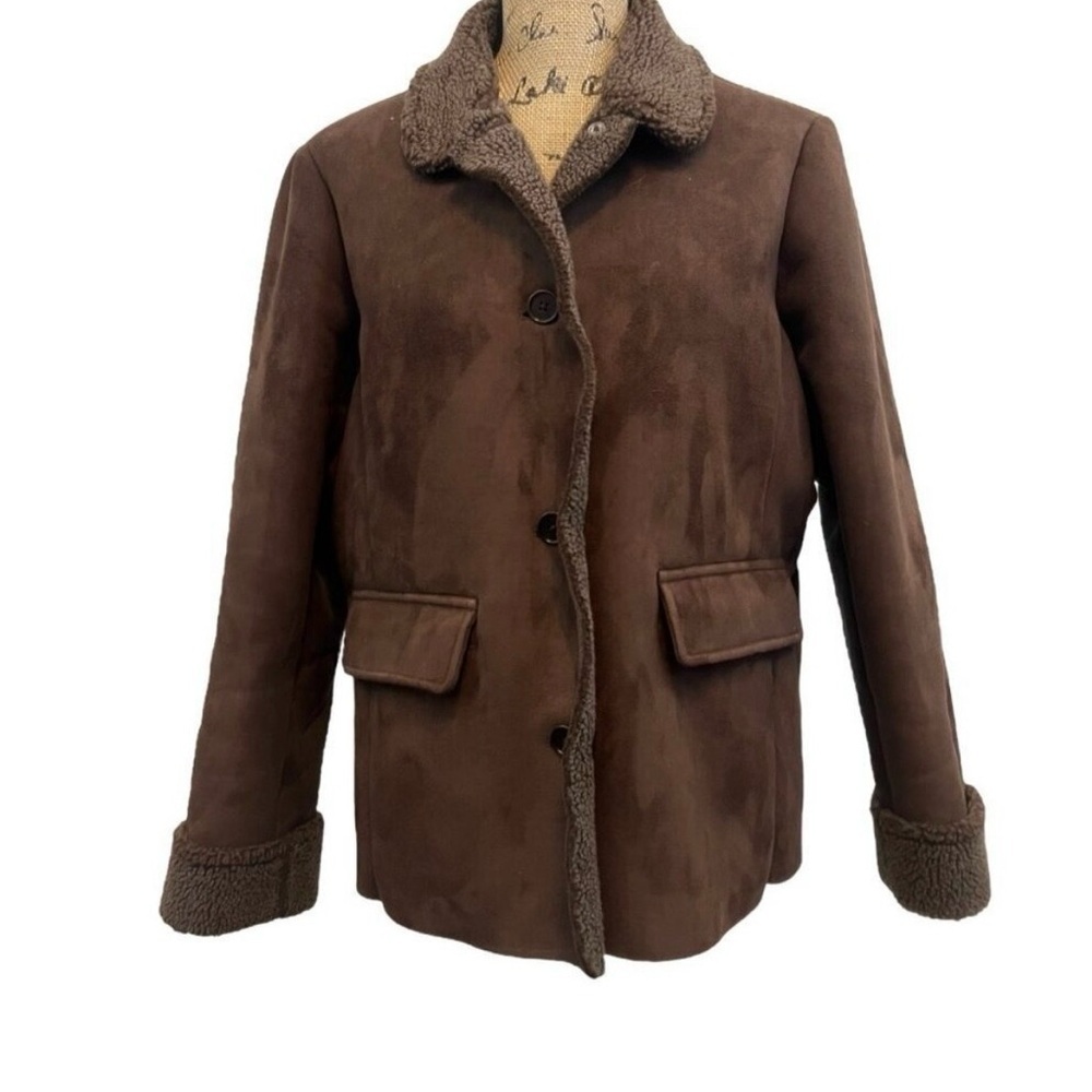 Lands' End Brown Rustic Faux Suede & Shearling Penny Lane Barn Jacket Large - Picture 3 of 8